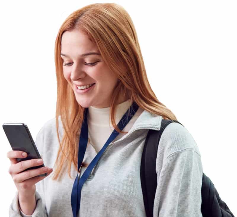 PL-BC Woman checks phone smiling